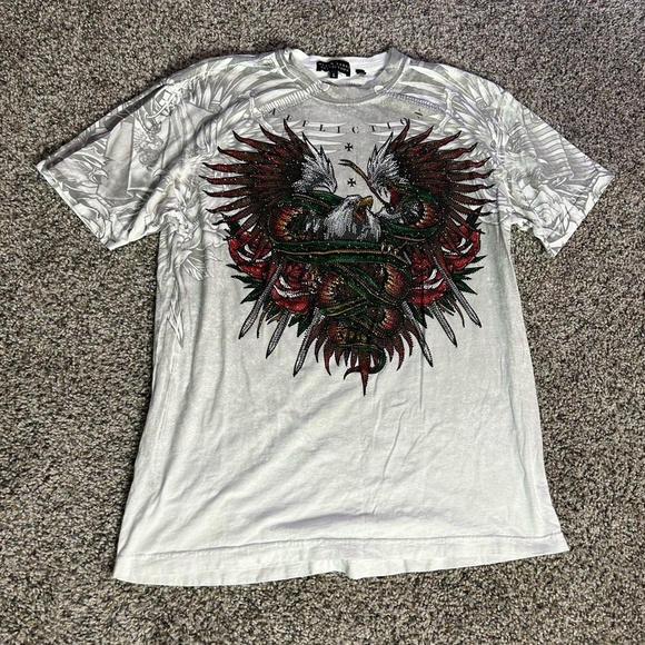 Affliction Black Label Shirt Men Large White Y2K Grunge Skater Bedazzle Goth Emo - Picture 1 of 12